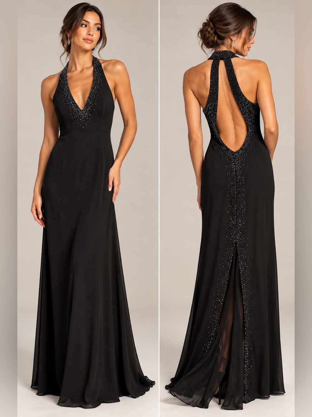 Vintage Y2K Dave & Johnny Black Beaded Backless Halter Maxi Gown 9/10